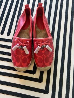 Coach Red Signature Espadrille Slip-Ons with Bow Charm